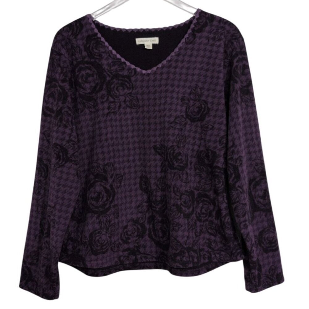 Coldwater Creek Fleece Floral Shirt Womens Size Large Purple Houndstooth V Neck